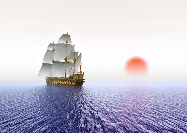 Вітрильний корабель з червоним сонцем — стокове фото
