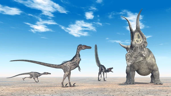 Velociraptors com o dinossauro Diabloceratops — Fotografia de Stock