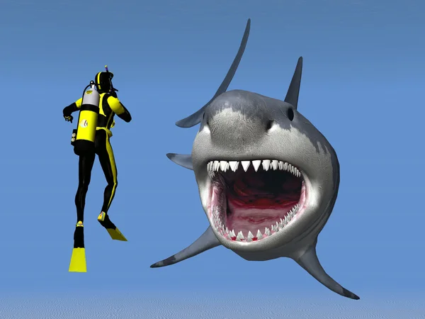白鲨鱼与潜水员 — 图库照片