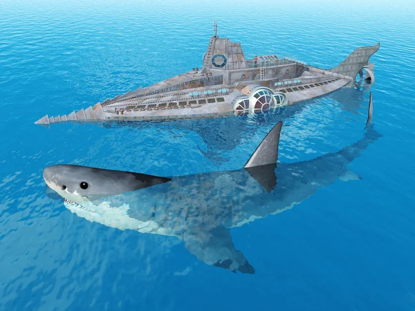 Suuri valkoinen hai ja fantasia sukellusvene — kuvapankkivalokuva