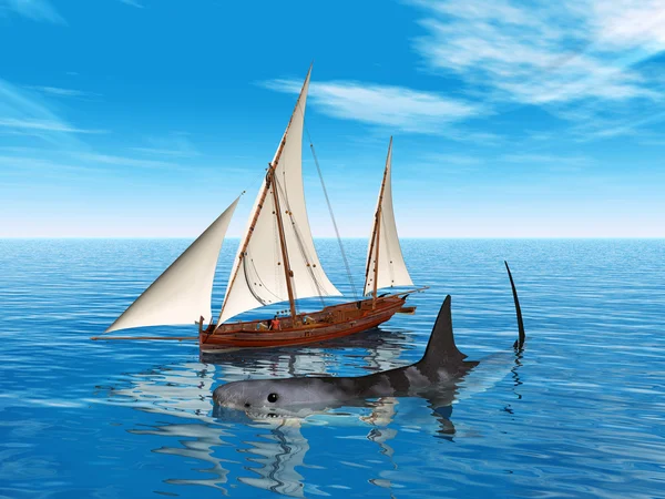 Great White Shark and Sailing Ship — Stock Photo, Image