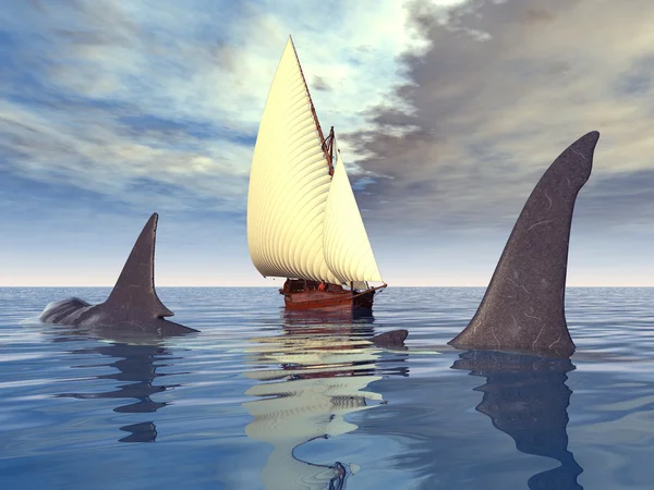 Megalodon und Segelschiff — Stockfoto