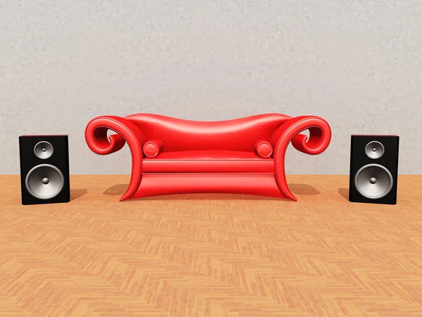 Caixas de sofá e alto-falante vermelho — Fotografia de Stock