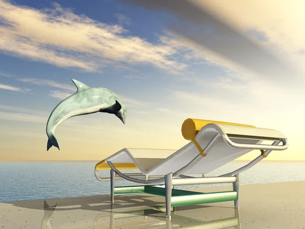 Urlaubseindruck mit springendem Delfin und Liegestuhl — Stockfoto