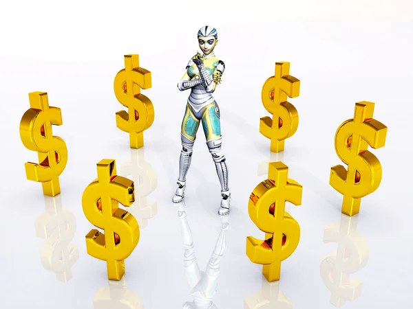 Robot femenino y signos de dólar — Foto de Stock