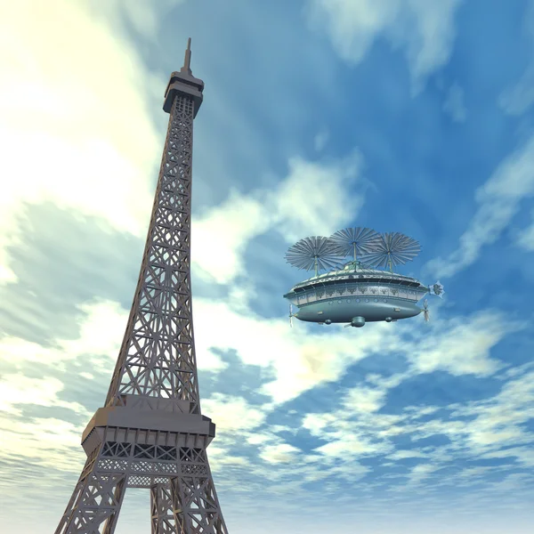 Eiffel Tower and Fantasy Airship — Stock Photo, Image