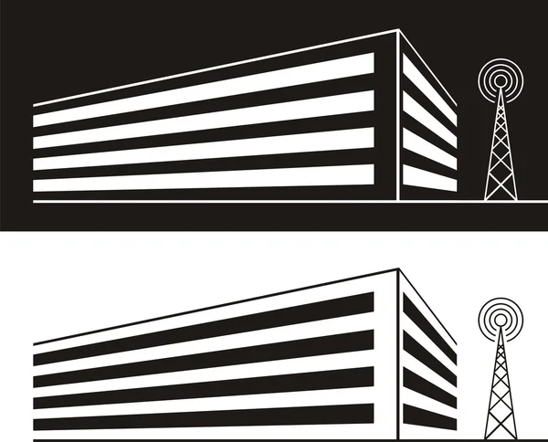 Construção de silhueta e torre de rádio —  Vetores de Stock