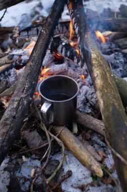 Bir kupa karlı bir ormanda ateşin yanında duruyor.