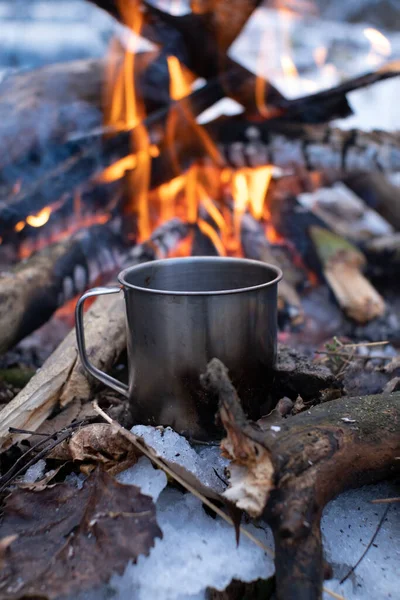 Bir kupa karlı bir ormanda ateşin yanında duruyor.