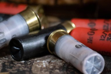 Kamuflaj arka planında 12 kalibrelik av tüfeği fişeği var. avlanma ekipmanı