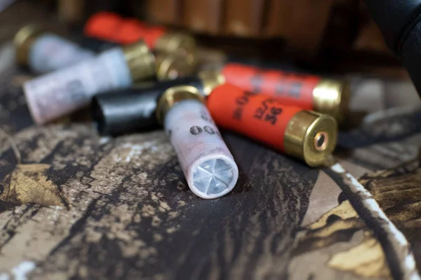 Close View Gauge Shotgun Cartridges Camouflage Background Hunting Equipment — Stock Photo, Image