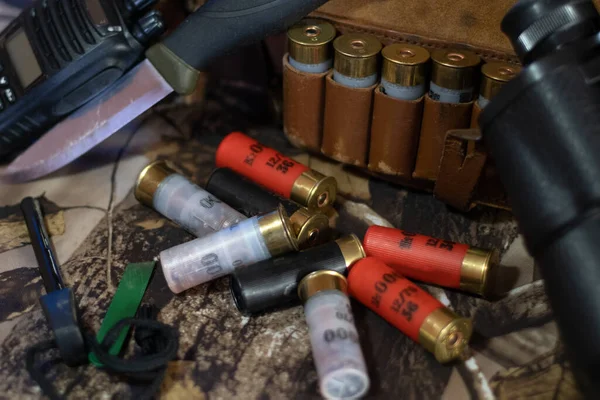 Haunting Equipment Shotgun Cartridge Belt Knife Binocular Radio Camouflage Background — Stock Photo, Image