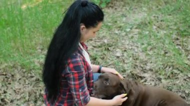 Kırmızı ekose gömlekli beyaz bir kadın yeşil parkta yaşlı bir labrador köpeğiyle oynuyor.