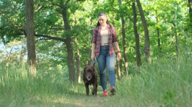 Kırmızı ekose gömlekli beyaz bir kadın yeşil parkta yaşlı bir labrador köpeğiyle yürüyor.