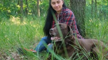 Kırmızı ekose gömlekli beyaz bir kadın yeşil parkta yaşlı bir labrador köpeğiyle oynuyor.