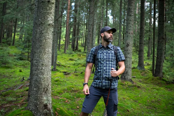 Wędrowiec Brodą Zielonym Lesie Górskim Ubrany Czapkę Szorty Koszulę Kratę — Zdjęcie stockowe