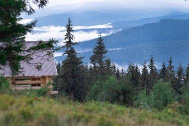 Dağların manzaralı dağ ormanındaki ev alçak bulutlarla kaplı. 