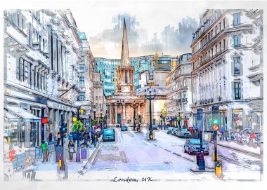 Kartpostal ya da illüstrasyon için kullanılan işaret çizimi tarzında Londra şehir hayatı