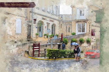 Fransa 'nın Bordeaux bölgesinin kırsal kesiminde, kartpostal veya illüstrasyon için kullanılan suluboya çizim tarzı