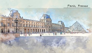 Paris şehir hayatı (taç ile Louvre panorama) posta kartı veya illüstrasyon için kullanılan skeç tarzı