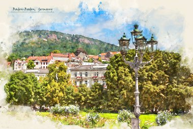 Baden-Baden kasabası, Almanya. Kartpostal veya illüstrasyon için kullanılan eskiz tarzında.
