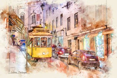 Lizbon, Portekiz şehir hayatı. Kartpostal ya da illüstrasyon için kullanılan skeç tarzında.