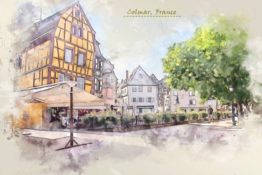 Fransa 'nın Colmar şehrinde, kartpostal ya da illüstrasyon için kullanılan taslak tarzında şehir hayatı