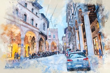 İtalya 'nın Bologna şehrinde, kartpostal ya da illüstrasyon için kullanılan eskiz tarzı