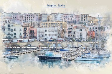 Napoli kıyıları, İtalya. Kartpostal ya da illüstrasyon için kullanılan eskiz tarzı.