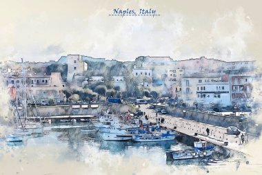 Napoli kıyıları, İtalya. Kartpostal ya da illüstrasyon için kullanılan eskiz tarzı.