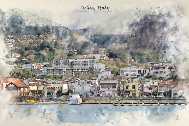 Ischia kıyıları, İtalya 'da kartpostal ya da illüstrasyon için kullanılan eskiz tarzı