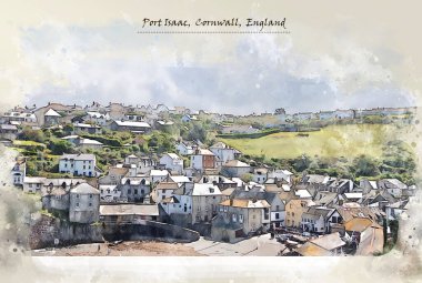 İngiltere, Port Isaac, posta kartı ya da illüstrasyon için suluboya çizim tarzı