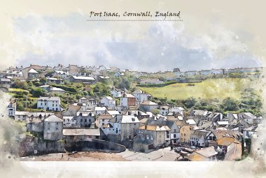 village Port Isaac,UK, in watercolor sketch style for using for postcard or illustration clipart