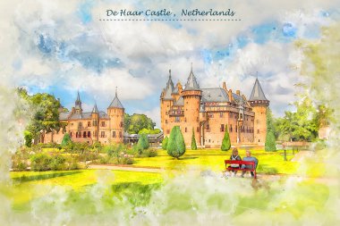 Hollanda 'daki De Haar Şatosu, kartpostal ya da illüstrasyon için kullanılan skeç tarzında.