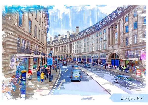 City Life London Watercolor Sketch Style Using Postcard Illustration — Stock Photo, Image
