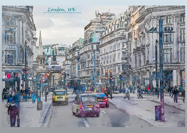 City Life London Watercolor Sketch Style Using Postcard Illustration — Stock Photo, Image