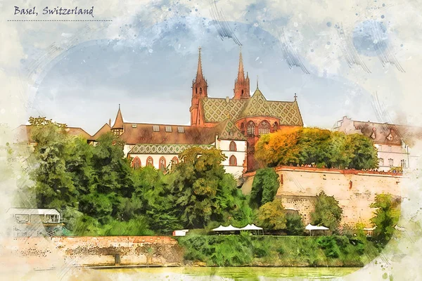 Basel Sketch Style Using Postcard Illustration — Stock Photo, Image