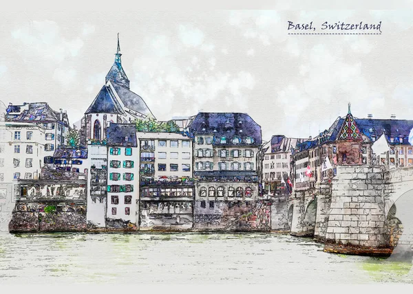 City Life Basel Sketch Style Using Postcard Illustration — Stock Photo, Image