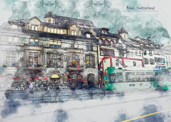 Городская Жизнь Базеля Стиле Эскиза Использования Открытках Иллюстрациях — стоковое фото