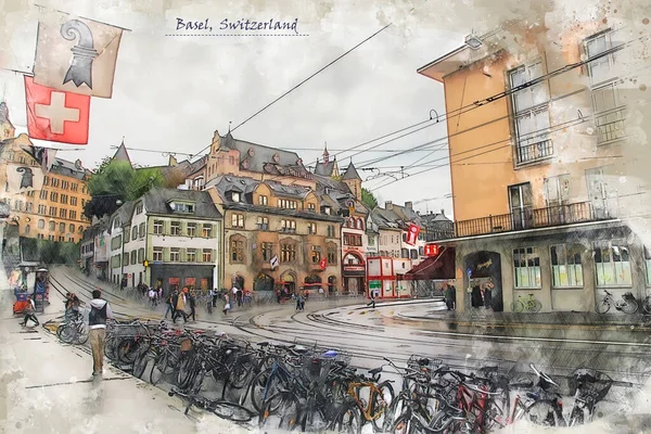 City Life Basel Sketch Style Using Postcard Illustration — Stock Photo, Image