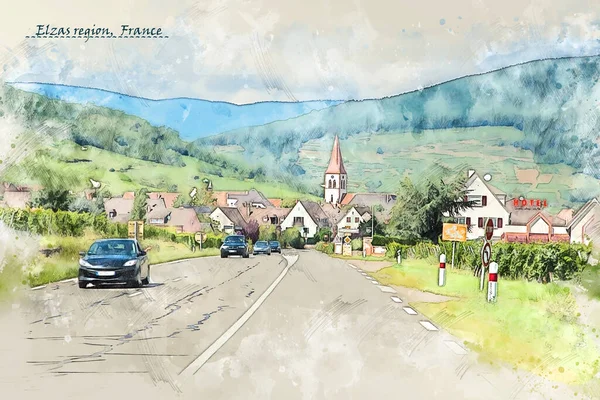 Countryside Elzas Region France Watercolor Sketch Style Using Postcard Illustration — Stock Photo, Image