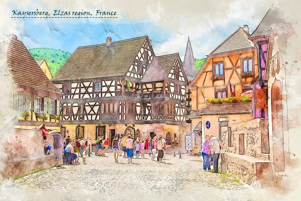 Countryside Alsace Region France Watercolor Sketch Style Using Postcard Illustration — Stock Photo, Image