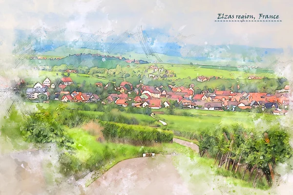 Countryside Elzas Region France Watercolor Sketch Style Using Postcard Illustration — Stock Photo, Image