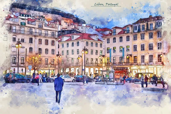 City Life Lisbon Portugal Sketch Style Using Postcard Illustration — Stock Photo, Image