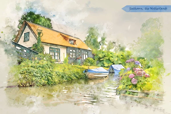 Dorf Giethoorn Niederlande Aquarell Skizzenstil Zur Verwendung Für Postkarte Oder — Stockfoto