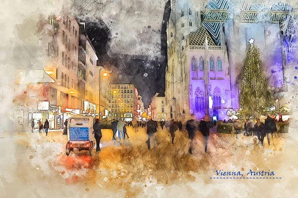 city life of Vienna, Austria,  in sketch style for using for postcard or illustration