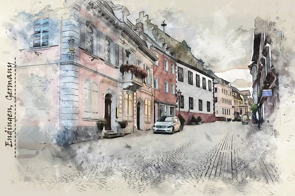 Small Town Endingen Germany Watercolor Sketch Style Using Postcard Illustration — Stock Photo, Image