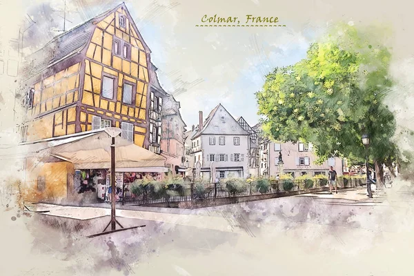 Życie Miasta Colmar Francji Stylu Szkicowym Wykorzystania Pocztówkę Lub Ilustracji — Zdjęcie stockowe