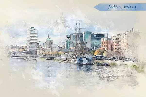 Жизнь Города Дублина Ирландия Стиле Скетч Использования Качестве Открытки Иллюстрации — стоковое фото