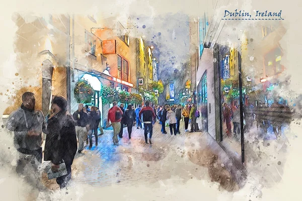 City Life Dublin Ireland Sketch Style Using Postcard Illustration — Stock Photo, Image